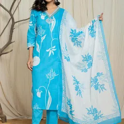 IkDaiya Floral Printed V-Neck Mirror Work Pure Cotton Kurta With Trousers & Dupatta-picture-15