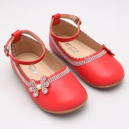 Cute Walk by Babyhug Party Wear Belly Shoes Studded Floral Detailing - Red image 2
