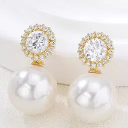 DressBerry Korean Gold-Plated American Diamond Studded & Pearls Beaded Circular Earrings image 3