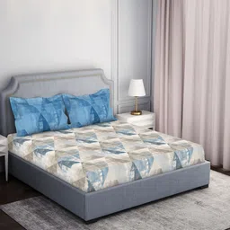 SPACES Blue & Beige Geometric 144 TC Queen Bedsheet with 2 Pillow Covers image 2