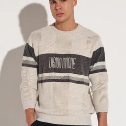 SHOWOFF Men Cotton Typography Cream Ribbed Round Neck Sweater image 3