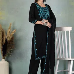 Moda Rapido Floral Yoke Design Thread Work Straight Kurta With Palazzos & Dupatta image 2