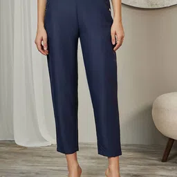 Styli Navy Blue Button Detail Straight Fit Cropped Trousers with Elasticated Back-image-46