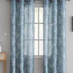 BFAM Blue & White 2 Pieces Floral Printed Room Darkening Window Curtain-image-27