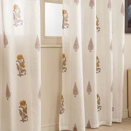 Clasiko Kalamkari Leaf White & Yellow 2 Pieces Printed Cotton Sheer Window Curtains image 2