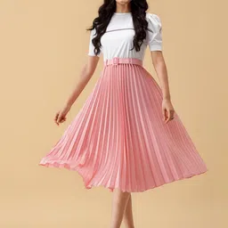 AASK Colourblocked Puff Sleeves Fit & Flare Midi Dress-picture-19