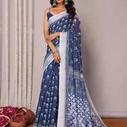 KALINI Navy Blue Linen Blend Block Print Printed Daily Wear Saree with Blouse Piece-image-31