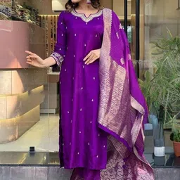 KALINI Ethnic Motifs Embroidered Thread Work Kurta With Trousers & Dupatta-image-18