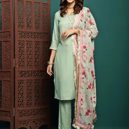 BANDIA Women Floral Yoke Design Regular Kurta with Trousers & With Dupatta-image-15