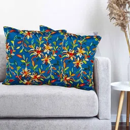 Vinayaka Fab Blue & Yellow 2 Pieces Floral Embroidered Silk Square Shaped Cushion Covers-image-57