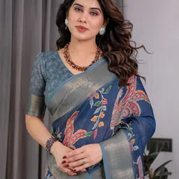 AVANTIKA FASHION Pure Linen Ethnic Motifs Printed Zari Kanjeevaram Saree With Blouse image 3