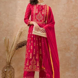Sangria Red Floral Printed Tie-Up Neck A-Line Kurta With Palazzos & Dupatta-picture-37