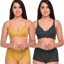 Women Yellow,Black Net Bra Panty Set for Lingerie Set Undergarments Pack of 2-image-16