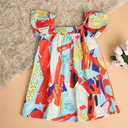Stylo Bug Girls Cotton Abstract Printed Flutter Sleeve A-Line Dress-picture-29