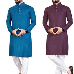 KRUDHA Men Striped Thread Work Kurta image 2