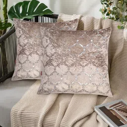 Tesmare Beige Set of 2 Ethnic Motifs Velvet Square Cushion Covers-picture-29