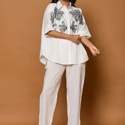 Zummer Floral Embroidered Pure Cotton Shirt & Trouser Co-Ord Set-image-77
