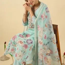 Indo Era Women Floral Printed Regular Thread Work Linen Kurta with Trousers & With Dupatta image 5