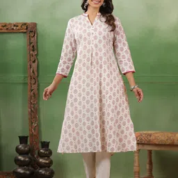 Span Floral Printed Mandarin Collar Pure Cotton A-line Kurta With Trouser image 5