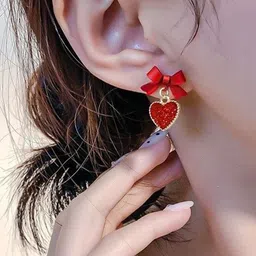 ISHKAARA Gold-Plated Stone Studded Bow Heart Shaped Studs Earrings image 4