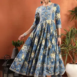 KIRNYA Women Floral Printed Regular Pure Cotton Kurta with Palazzos-image-18