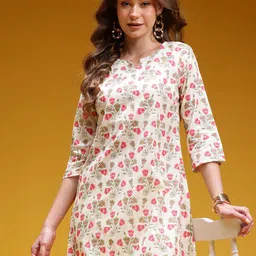 HERE&NOW Floral Printed Notched Round Neck Pure Cotton Straight Kurta-picture-10