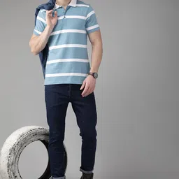 Roadster Men Blue & Off White Striped Pure Cotton Polo Collar T-shirt-picture-10