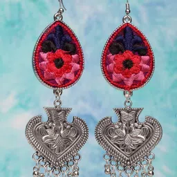 Moedbuille Silver-Toned & Red Teardrop Shaped Drop Earrings image 1