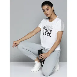 Alcis Women White & Black Typography Printed Slim Fit Training Or Gym T-shirt image 1