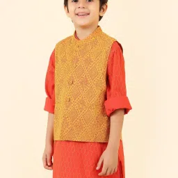 Fabindia Kids Yellow Cotton Printed Nehru Jacket image 3