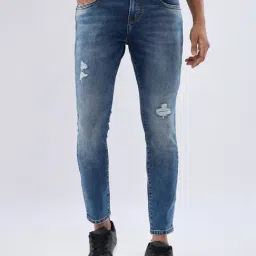 Spykar Mid Blue Cotton Slim Fit Distressed Jeans-image-21