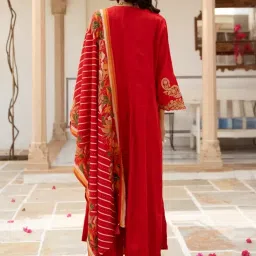 Autumnlane Red Mani Fiery Full Work Anarkali Kurta With Pant And Dupatta image 3