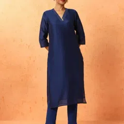 Jaipur Kurti Navy Blue Chanderi Silk Solid Kurta-image-17
