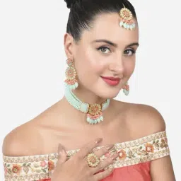 Zaveri Pearls Green Peach Multistrand Choker Necklace Earring Ring & Maangtikka Set-ZPFK15362-image-68