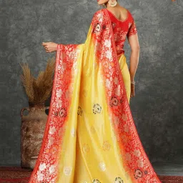 Satrani Yellow & Red Cotton Silk Woven Saree With Unstitched Blouse image 3