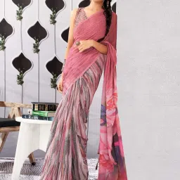 Satrani Rose Pink Floral Print Saree With Unstitched Blouse image 3