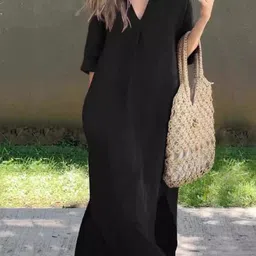 KPOP Women V-Neck Three-Quarter Sleeves A-Line Midi Dress-image-64
