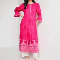 Global Desi Dark Pink Floral Print Curved Kurta-image-71