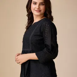 House of Mira Black Viscose Embroidery Peplum Top image 3