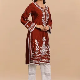 house of kari Saba Chikankari Long Kurta In Barfi Silk - Chutney image 3