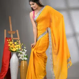 CHARUKRITI Yellow Cotton Embroidered Saree image 3