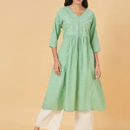 Rangmanch by Pantaloons Green Cotton Embroidered A Line Kurta-picture-45