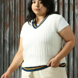 High Star Plus Size White Self Design Sweater image 3