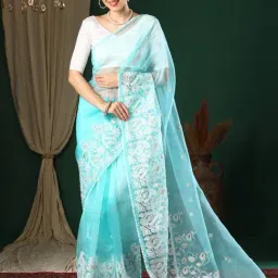 Saree Mall Turquoise Embroidered Sarees With Unstitched Blouse-image-7