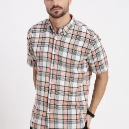 showoffff SHOWOFF Peach Cotton Slim Fit Checks Shirt image 3