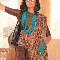 Saree Mall Beige Printed Sarees With Unstitched Blouse image 3