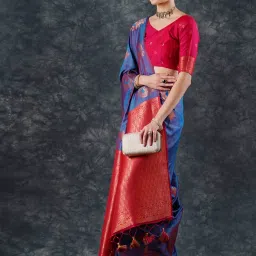 Saree Mall Blue Woven Sarees With Unstitched Blouse image 3