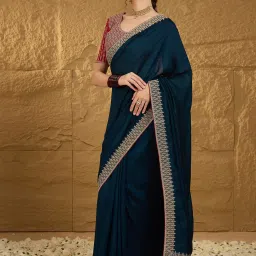 Saree Mall Blue Embroidered Sarees With Unstitched Blouse image 3