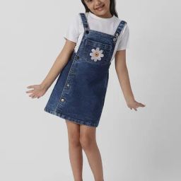 Nauti Nati Girls Blue Cotton Embroidered Regular Fit Top with Dungaree-picture-33