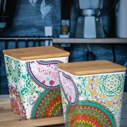 Stehlen Multicolour Melamine Storage Canister with Airtight Wooden Lid - Set of 2-image-4